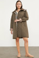 Checked Detail Hooded Long Coat - Khaki