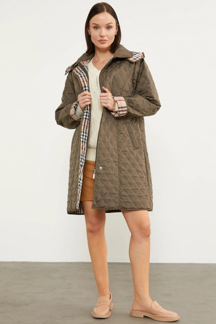 Checked Detail Hooded Long Coat - Khaki